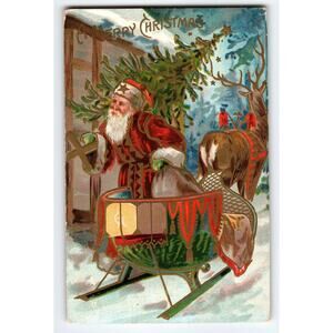 Vintage 1908 Embossed Santa Claus Christmas Postcard with Tree Sleigh & Reindeer